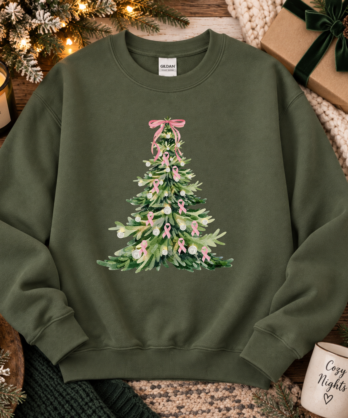 Breast Cancer Awareness Christmas Sweatshirt - Pink Ribbon Christmas Tree Crewneck