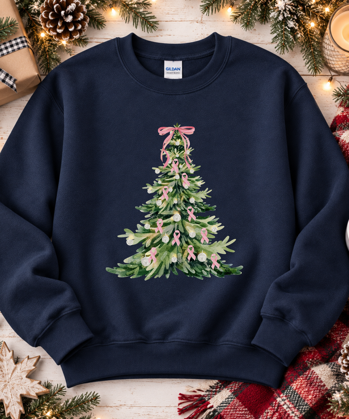 Breast Cancer Awareness Christmas Sweatshirt - Pink Ribbon Christmas Tree Crewneck