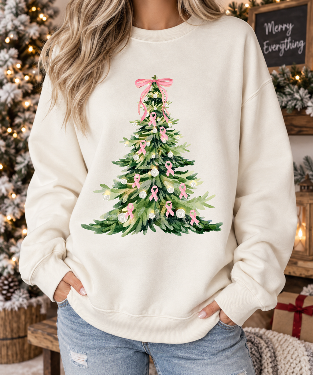 Breast Cancer Awareness Christmas Sweatshirt - Pink Ribbon Christmas Tree Crewneck