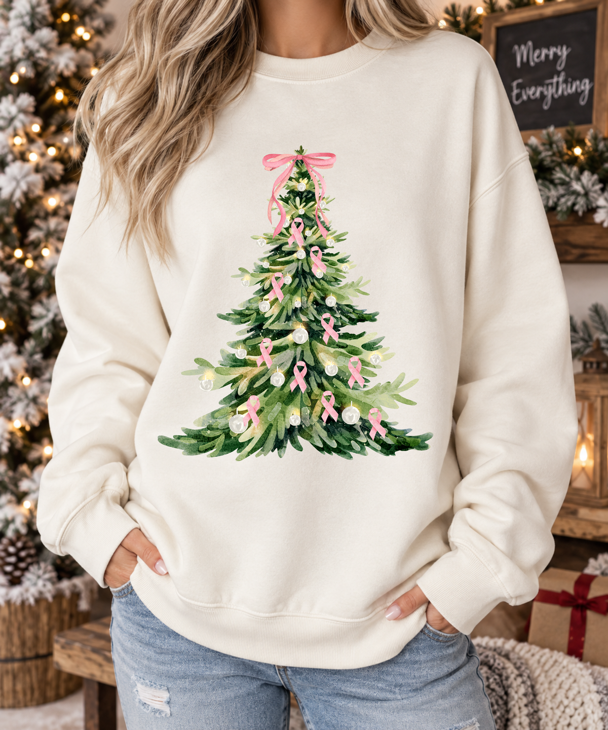 Breast Cancer Awareness Christmas Sweatshirt - Pink Ribbon Christmas Tree Crewneck