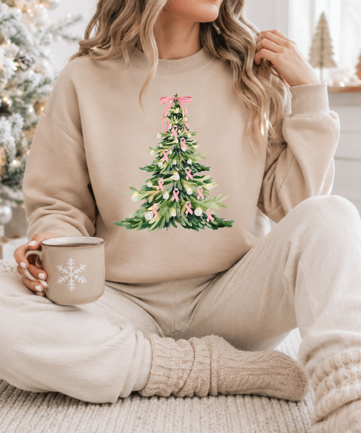 Breast Cancer Awareness Christmas Sweatshirt - Pink Ribbon Christmas Tree Crewneck