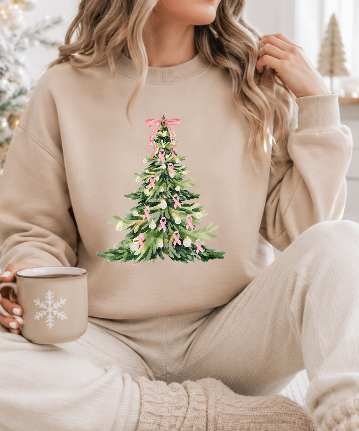 Breast Cancer Awareness Christmas Sweatshirt - Pink Ribbon Christmas Tree Crewneck