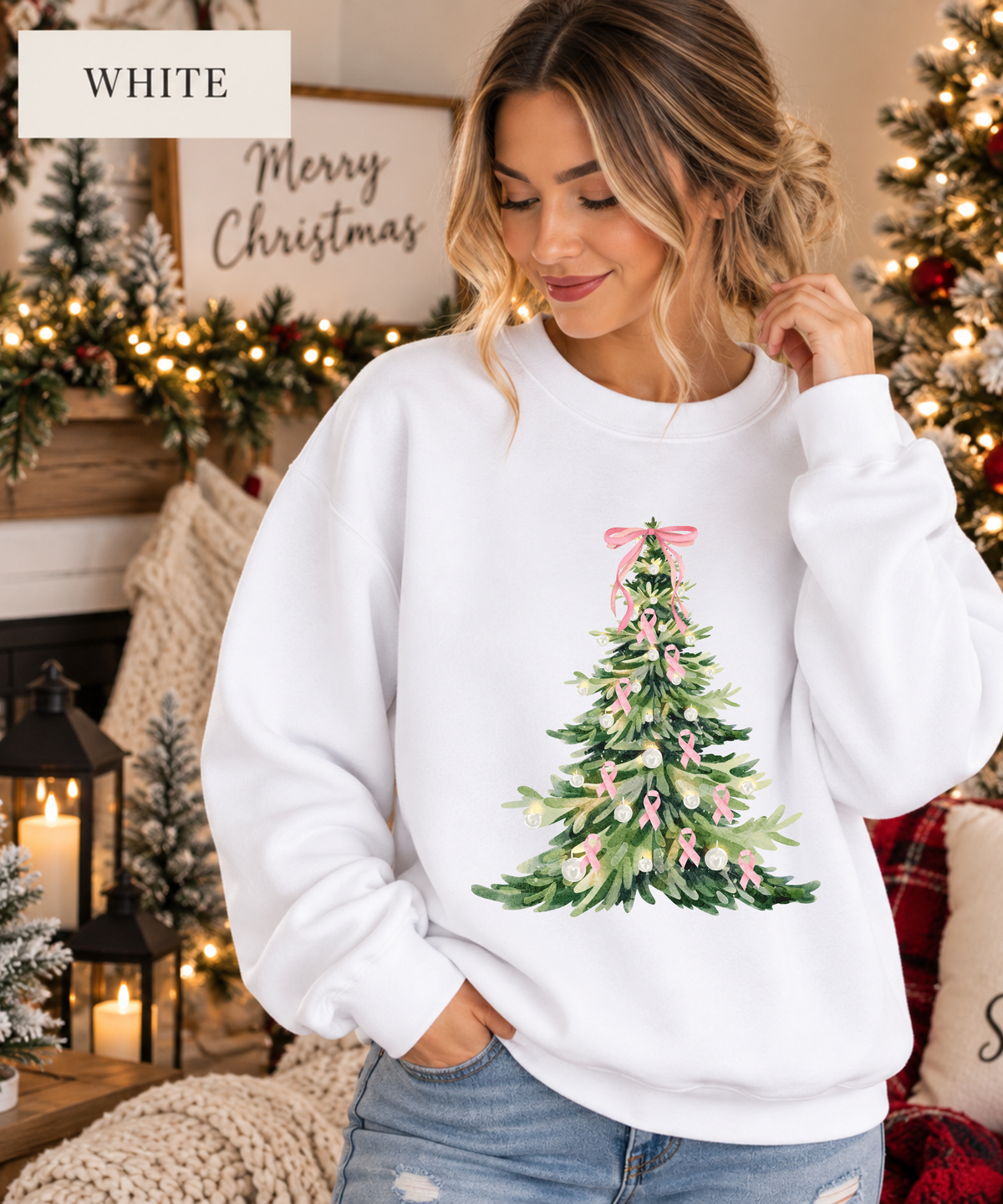 Breast Cancer Awareness Christmas Sweatshirt - Pink Ribbon Christmas Tree Crewneck