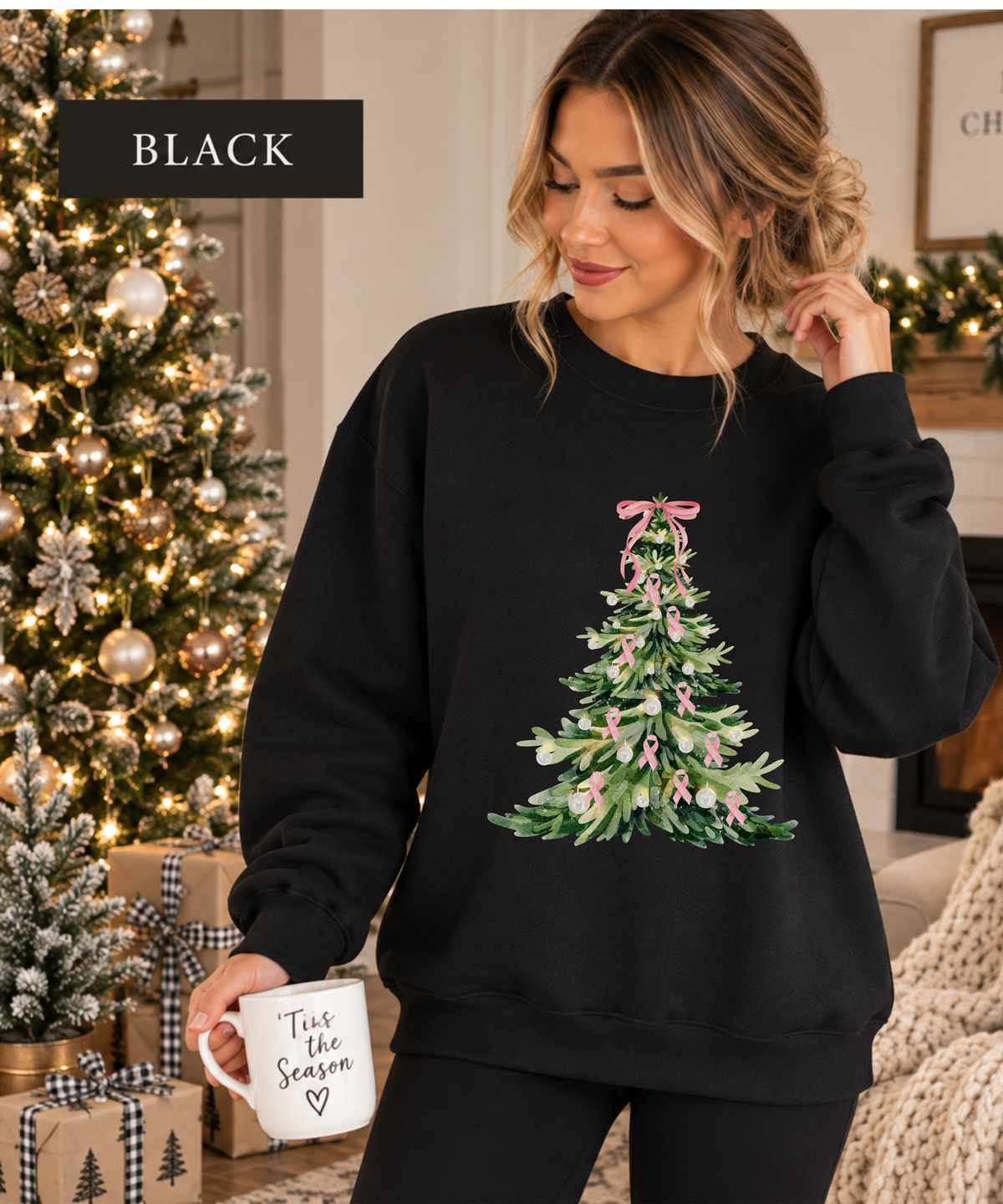 Breast Cancer Awareness Christmas Sweatshirt - Pink Ribbon Christmas Tree Crewneck