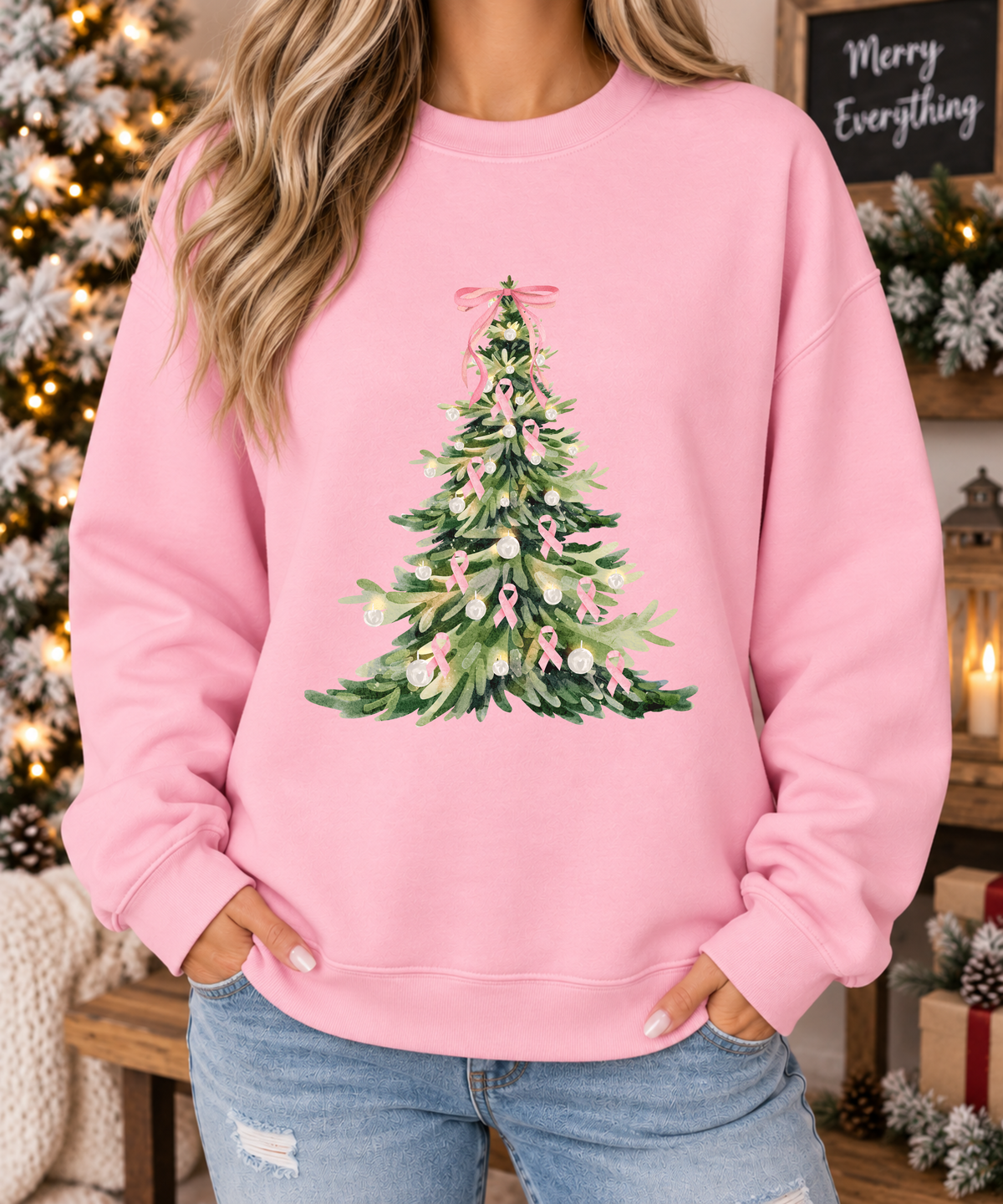 Breast Cancer Awareness Christmas Sweatshirt - Pink Ribbon Christmas Tree Crewneck