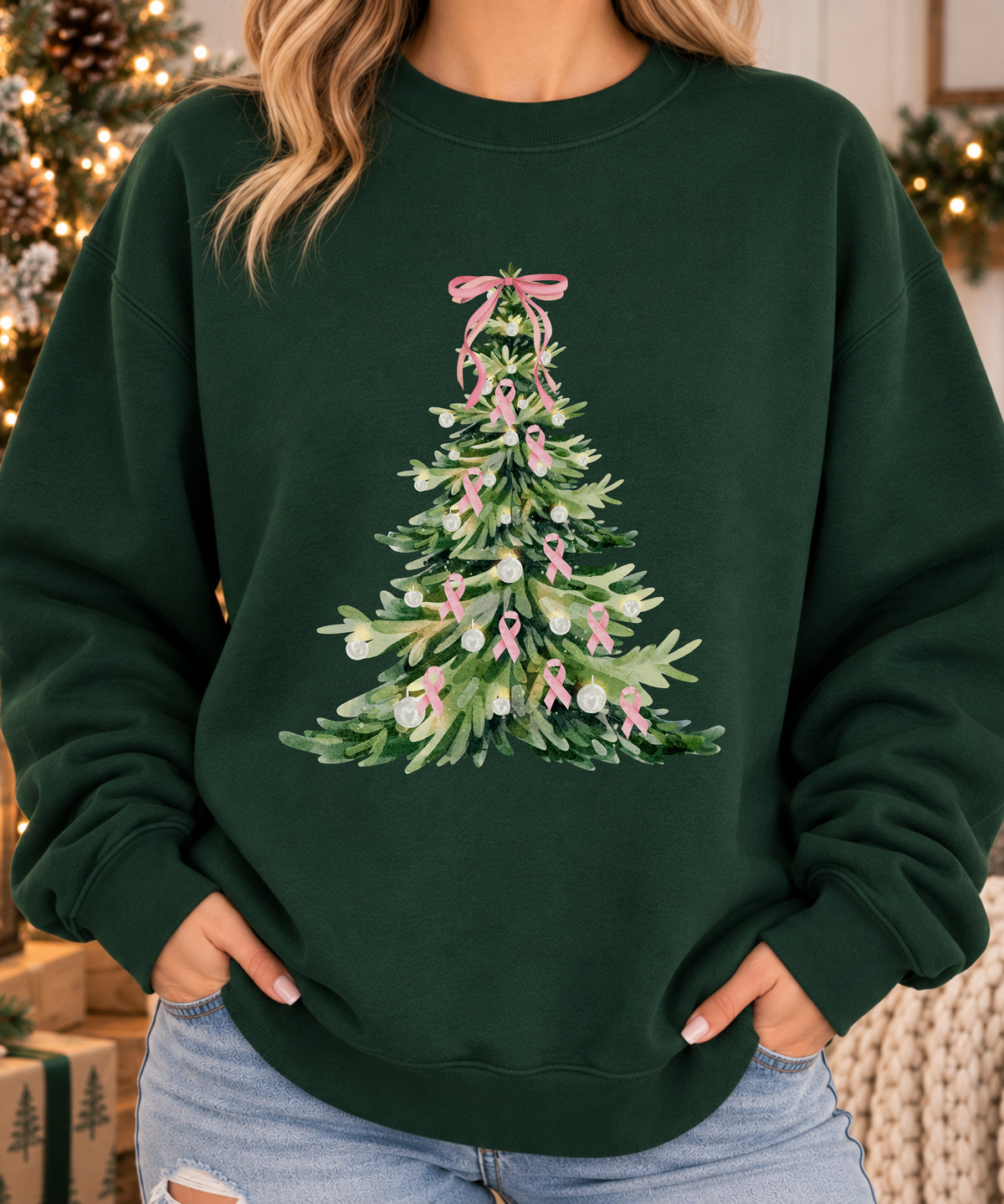 Breast Cancer Awareness Christmas Sweatshirt - Pink Ribbon Christmas Tree Crewneck