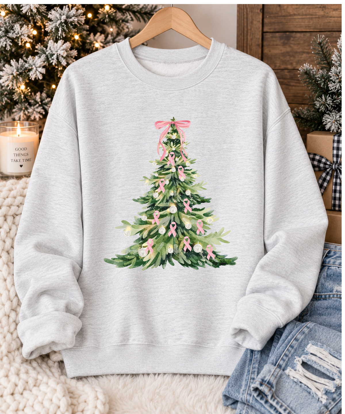 Breast Cancer Awareness Christmas Sweatshirt - Pink Ribbon Christmas Tree Crewneck