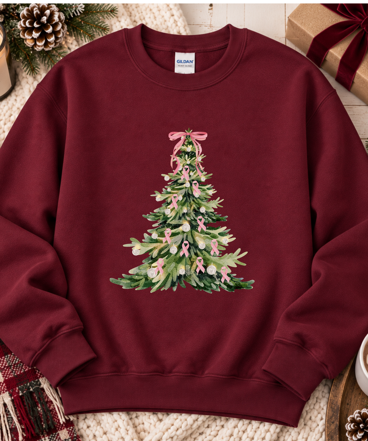 Breast Cancer Awareness Christmas Sweatshirt - Pink Ribbon Christmas Tree Crewneck